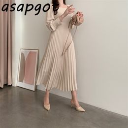 Asapgot vestido mujer otoño señora delgada cintura alta cuello cuadrado vestido plisado media pantorrilla Puff manga larga elegante Vestidos suaves 210320