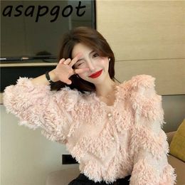 Asapgot Mode Chic Corée En Peluche Col En V Gland Chandails Manteau Automne Hiver Épais Rose Sauvage À Manches Longues Cardigan Top Doux 211011