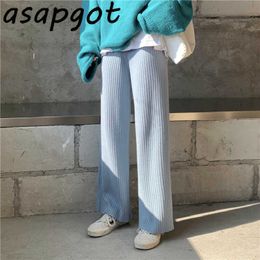 Asapgot Hoge Taille Gebreide Wide Been Broek Vrouwen Korea Chic Fall Losse Stretch Casual All-Match Straight Pant 5 Color Warm Soft 210610