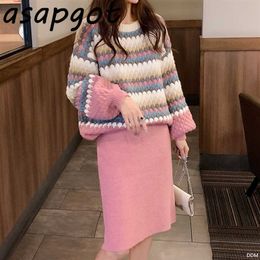 Asapgot korea chic truien brei o hals lantaarn mouwen truien vrouwen losse luie zoete hoge taille rechte gebreide rok sets 210610