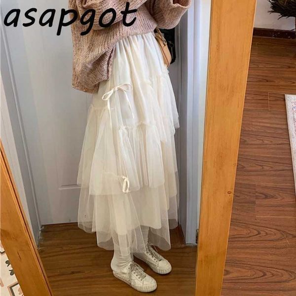 Asapgot corée Chic tempérament taille haute coupe ajustée abricot maille jupe femmes printemps lâche noir gâteau jupes longue sauvage 210610