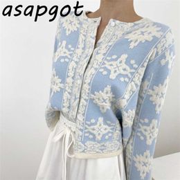 Asapgot Loose Blue O Neck Single-breasted Knit Cardigan Pull Manteau Broderie Floral Sweet Chic Mode Rétro Paresseux Doux Sauvage 211011