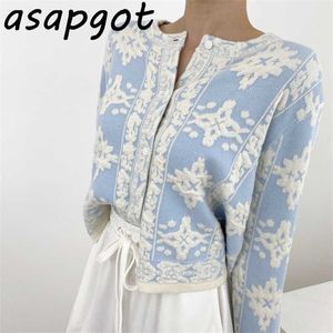 Asapgot losse blauwe o hals single-breasted knit vest trui jas borduurwerk bloemen zoete chique mode retro luie zachte wilde 211011