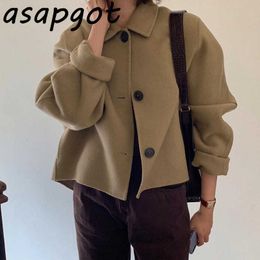 Asapgot Wol Mengsels Koreaanse Chic Vintage Revers Drie Knoppen Losse Solid Wild Kaki Lange Mouwen Wollen Jas Dames Korte Jacket 210610