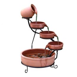 ASC Cascade Ceramic Solar Water Fountain Bols 5 Tierd Panel Pumpe Cascading Garden Decoration Fron Bird Fer (Terracotta with Battery and LED)