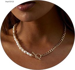 ASCOMY Colliers délicats pour femmes plaqué or 14 carats, demi-collier épais, perle minimaliste, trombone cubain, chaîne à fermoir à bascule, pour tous les jours