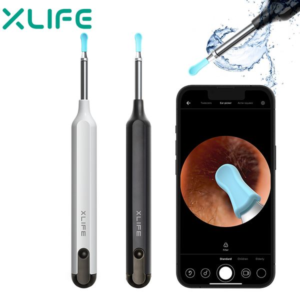 ASD Xlife X1 - Herramienta de eliminación de cera para oídos, limpiador con cámara HD 1080P, kit de 7 piezas, otoscopio inalámbrico 6 luces, para iPhone, iPad, teléfonos inteligentes Android, color negro
