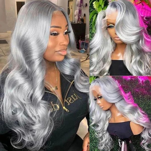 Cendre Blonde BodE Wave 13x4 Pernues avant en dentelle pour les femmes HD HD Frontal Human Hair pré-cueillé Silver Grey 240419