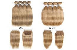 Couleur blond cendré 8 27 paquets de cheveux humains droits indiens malaisiens avec fermeture 4 paquets avec fermeture en dentelle 4x4 cheveux humains Remy 7742325