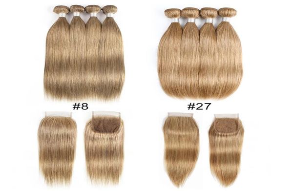 Color rubio ceniza 8 27 Paquetes de cabello humano recto indio malasio con cierre 4 paquetes con cierre de encaje 4x4 Cabello humano Remy 7742325