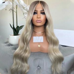 Ash Blond Hoogtepunten Lace Front Haren Haar Wig HD Transparant 13x4 Lace Frontale pruik Ombre Gray Blonde Body Wave Synthetische kant Voorpruik