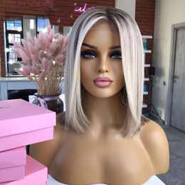 Perruque Lace Front Wig 360 naturelle à reflets blond cendré, perruque Bob courte et lisse transparente HD, résistante à la chaleur pour femmes