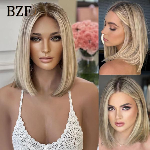 Perruque Lace Front Wig synthétique courte au carré, à reflets blond cendré, perruque lisse colorée sans colle, racines foncées pour femmes, usage quotidien 240130