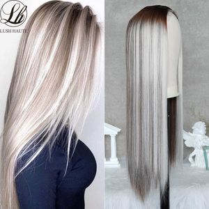 Ash Blonde rechte kanten pruik Hoogtepaard Wig Blonde synthetische haarpruik middlet onderdeel kanten pruiken voor vrouwen lang steil haar 230524