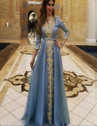 Robes de soirée à manches longues bleu cendré Appliques dorées Marocain Kaftan Dubai Arabe Muslim Robe d'occasion spéciale plus taille 2067933