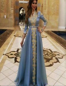Ash Blue Lange mouwen avondjurken gouden appliques Marokkaanse Kaftan Dubai Arabische moslim speciale gelegenheid jurk plus size feest 2067933