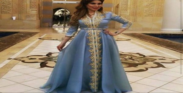 Robes de soirée à manches longues bleu cendré Appliques dorées Marocain Kaftan Dubai Arabe Muslim Robe d'occasion spéciale Plus Fête de taille 3931064