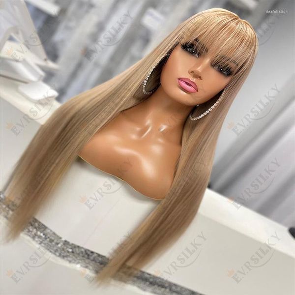 Peluca con malla frontal con flecos de cabello humano rubio bronce ceniza para mujer, pelucas con flequillo de densidad 200 rectas de Remy peruano ondulado