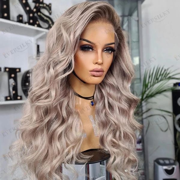 Pelucas de cabello humano rubio platino ceniza para mujer, sin pegamento, 13x6, parte profunda, transparente, HD, con encaje frontal, degradado, gris, Rubio, ondulado