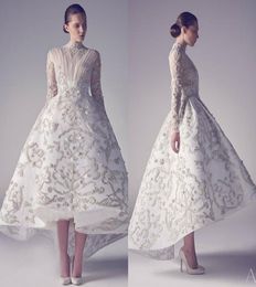 Ashi Studio Couture Avondjurken Kant 3D Bloemen Appliqué Kraal Hoge kraag Hoog Laag Galajurk Lange mouw Op maat gemaakt Formeel Pa3440327