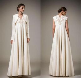 Ashi Studios 2018 Ivory Satin Prom -jurken met jas Nieuwe designer vloerlengte formele avondjurken Sexy Lace Appliqued Party DR2377965