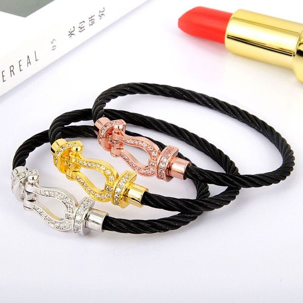 Ashion Pulsera Cuerda de alambre de acero inoxidable Hebilla magnética Brazalete de herradura Cabeza en forma de U Pulseras con micro incrustaciones Accesorios con bolsas de joyería al por mayor