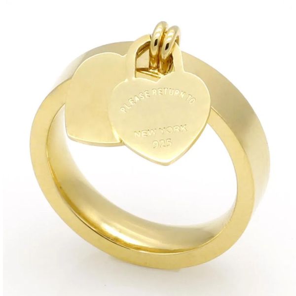 Ashion bijoux 316L titane plaqué or anneaux en forme de coeur T lettre lettres Double coeur anneau femme anneau pour femme