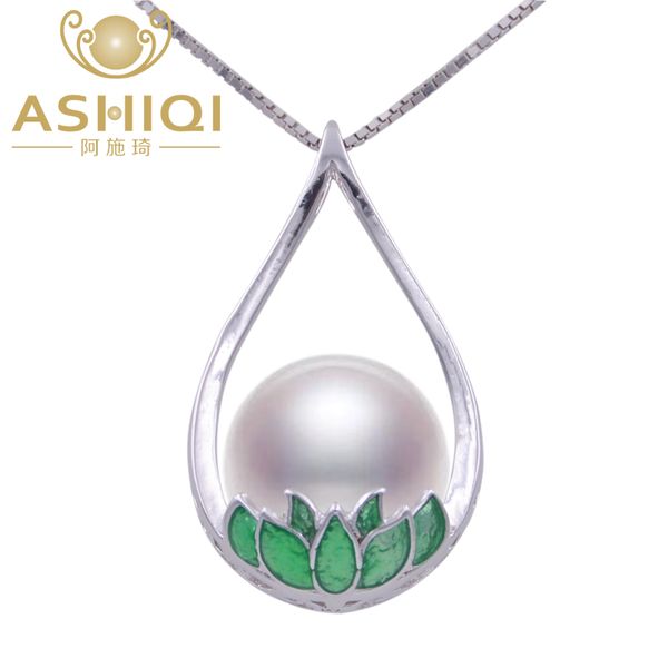 ASHIQI 925 argent Sterling émail Lotus perles d'eau douce colliers pendentif style ethnique chinois 10-11mm perles naturelles bijoux