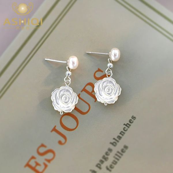 ASHIQI – boucles d'oreilles en argent Sterling 925, perles d'eau douce naturelles, coquille de fleur, bijoux faits à la main, à la mode, cadeau pour filles, 240220