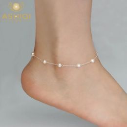 ASHIQI-tobillera de Plata de Ley 925 con perlas naturales de agua dulce, zapatos Retro ondulados para mujer 240115