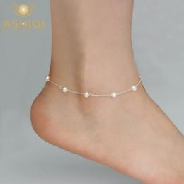 ASHIQI-tobillera de plata de ley 925 con perlas naturales de agua dulce, zapatos Retro ondulados para mujer 240118