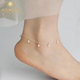 Ashiqi Natural Natural Freshater Pearl 925 Bijoux en argent sterling pour femmes Bijoux de pied de pied de 34 mm Chaîne de jambes 240408