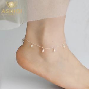 ASHIQI – bracelets de cheville en argent Sterling 925 pour femmes, perles d'eau douce naturelles, bijoux de pied en perles de 3 à 4mm, chaîne de jambe en argent, 240321