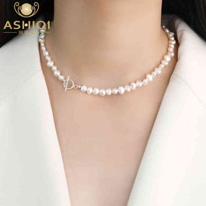 Ashiqi Natural Freshwater Pearl Ketting 925 Sterling Silver OT Sluiting 6-7mm Baroque Parel Sieraden voor Vrouwen