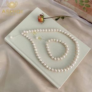 Ashiqi Pearl Jewelry Set Natural Freshwater Pearl 925 Sterling Silver Necklace armband voor vrouwen 240522