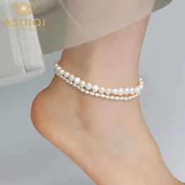 ASHIQI-tobillera de perlas naturales de agua dulce para mujer, cadena elástica a la moda, pulsera para pie de playa, joyería para mujer 240104