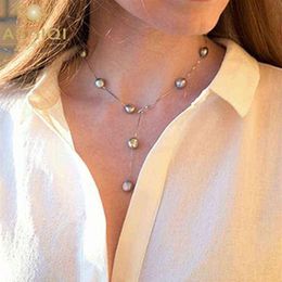 ASHIQI véritable pur 925 chaîne en argent Sterling pendentif collier pour les femmes 8-9mm blanc gris naturel d'eau douce baroque perle bijoux 22248B