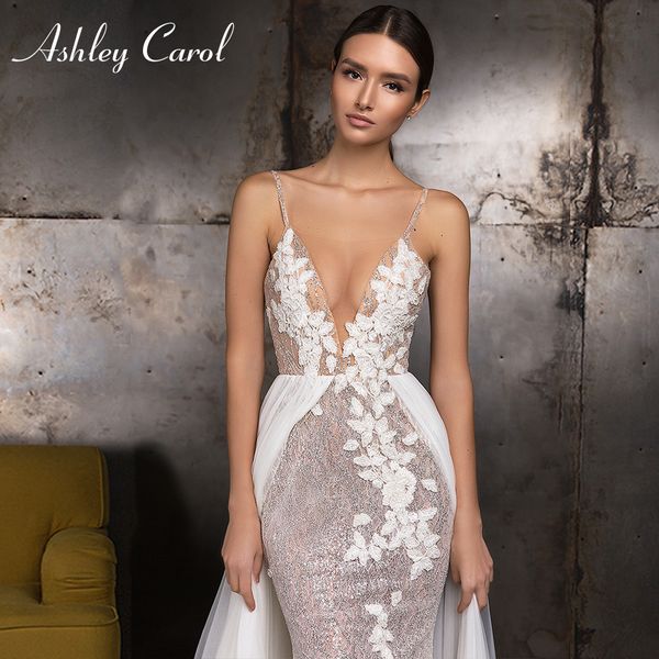 Ashley Carol sirena Vestido De Novia 2020 Boho Sexy escote en V tirantes finos encaje espalda descubierta playa Vestidos De Novia Vestido De Novia