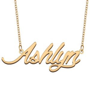 Ashlyn nom collier personnalisé plaque signalétique pendentif pour femmes petite amie cadeaux enfants meilleurs amis bijoux en acier inoxydable plaqué or 18 carats