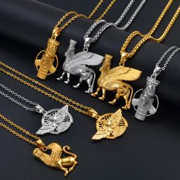 Ashur Colliers avec pendentif en or jaune 14 carats pour femmes et hommes Lama, Lamma, taureau ailé Lamassu est un bijou de divinité protectrice assyrienne