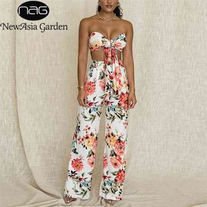 Azië Floral Crop Top Lange Broek Tweedelige Set Vrouwen Zomer Sexy Off Shouled Knotted Tops Wide Pen Pants Party 2 Stuk Sets 210709