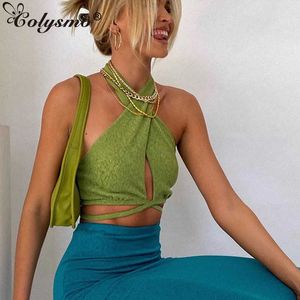 Asie Halter Top Femmes Creux Out Lace Up Solide Couleur Dos Nu Bodycon Crop Tank Casual Bustier Dames Sexy Party Wear 210527