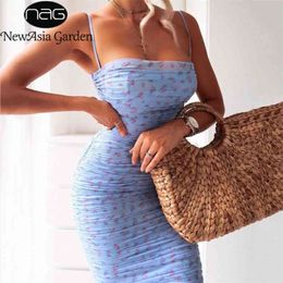 Asie Mesh Femmes Robe Summer Spaghetti Straps Genou Longueur Robe élégante Slim Fit Floral Imprimer Robes froncées Bleu 210730