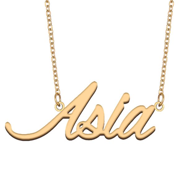 Collier avec pendentif avec nom d'Asie pour femmes, cadeaux pour petite amie, plaque signalétique personnalisée pour enfants, meilleurs amis, bijoux en acier inoxydable plaqué or 18 carats