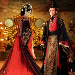 Aziatische Keizer Koningin Koninklijk Paleis Trouwjurk Gewaad Jurk Chinese Oude Bruiloft Hanfu Lange Kostuum Zwart Rood Bruid Bruidegom Outfit273r
