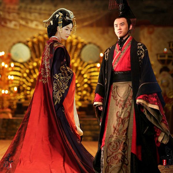 Robe de mariée du palais Royal de la reine empereur asiatique, Costume Long Hanfu de mariage chinois ancien, tenue de marié noir et rouge