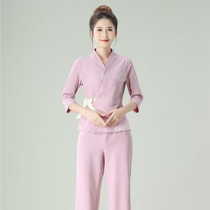 Aziatische etnische kleding vrouwen elegante pakken top en broek Oriental Hanfu V-hals kledingstuk schoonheidsspecialiste kostuum werk uniforme thee kunstkleding