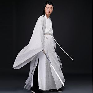 Aziatische oosterse cosplay foto studio oude china kostuum linnen wit grijze schilderijen kleur kleding mannen katoen zwaard man Hanfu outfit