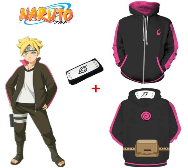 Tamaño asiático Japón Anime Uzumaki Boruto Negro Casual 3D Cosplay Disfraz Unisex Abrigo de manga larga Chaqueta Sudaderas con capucha Diadema 5644019