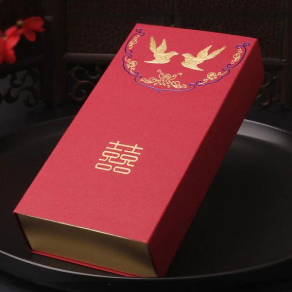 Asiatique Thème Chinois Double Bonheur Rouge Couleur Tiroir Type Boîte De Bonbons De Mariage Partie Cadeau Faveur Titulaire ZA6315